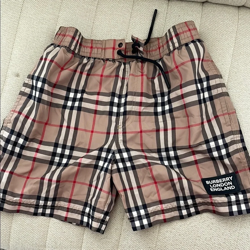 Burberry Boys Beige Black Red Plaid Swim Trunks